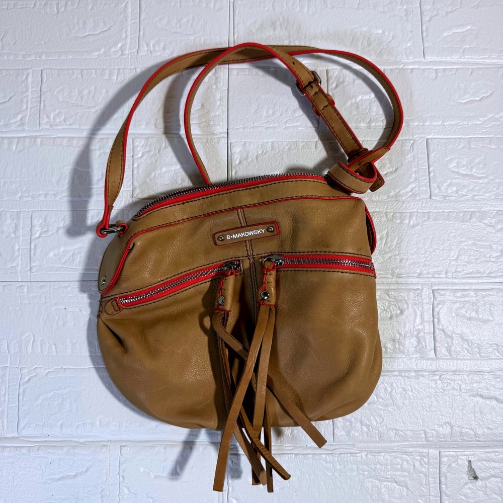 B Makowsky Leather Crossbody Bag Womens OS Tan Red Tassel Boho Fringe